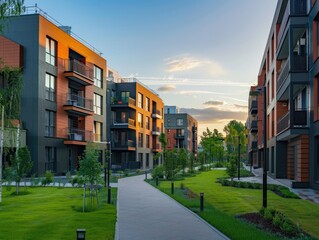 Modern apartment buildings in a green residential area in the city.