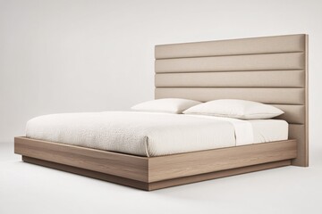 Modern stylish bed design with padded headboard and wooden base in neutral colors