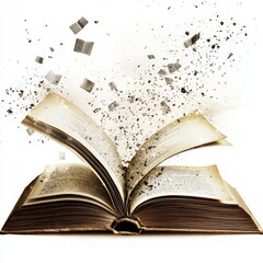 Fototapeta premium Magic of Words Unleashed: An Open Book Surrounded by Floating Pages in a Whimsical Explosion of Knowledge and Imagination