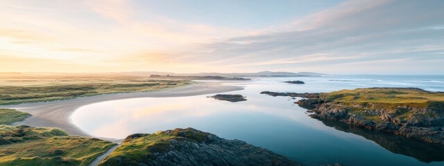 Serene coastal landscape at dawn featuring a tranquil river merging with the ocean and vivid hues of sunrise over hills