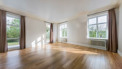 Fototapeta premium stock photo features an empty room with white walls, hardwood floors, and large windows