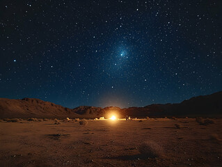 Starry night sky over desert landscape with warm light source.