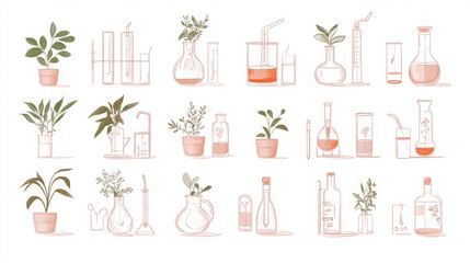 collection of hand drawn illustrations featuring various plants, laboratory glassware, and scientific instruments, showcasing blend of nature and innovation in sustainable food lab