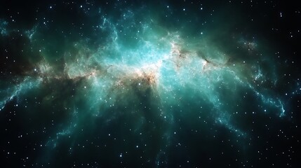 Naklejka premium Cosmic Nebula: Teal and Gold Galactic Dreamscape