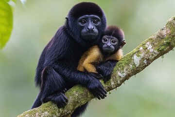 Fototapeta premium Adult and baby monkey cuddling on a tree branch in a lush green forest.