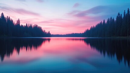 Fototapeta premium Pastel skies idea. Serene lake at sunset with vibrant reflections and surrounding trees.