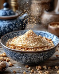 Delicious baklava dessert in a rustic bowl, sprinkled with nuts, steam rising.  A perfect image for food blogs and recipe websites.