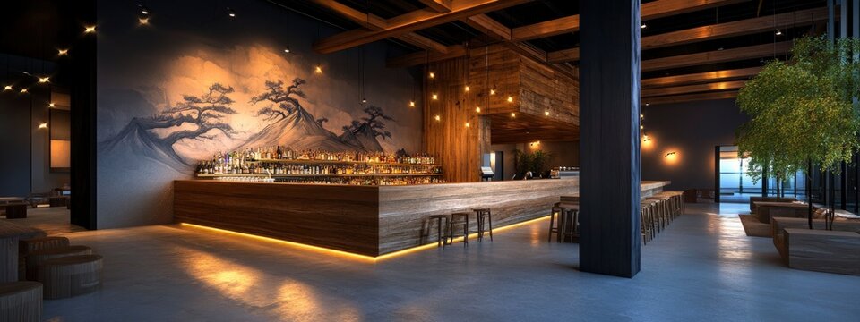 Elegant and modern bar interior featuring creative lighting, wooden accents, and a sophisticated atmosphere for social gatherings