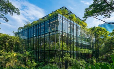 Fototapeta premium Modern glass building with green roof and walls, surrounded by lush tropical foliage.