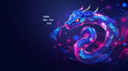 Glowing Zodiac Snake in Vibrant New Year Celebration - Abstract Energetic Composition with Happy New Year 2025 Text