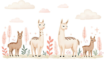 Fototapeta premium Cartoon Llama Family with Forest Elements