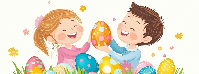 Two cheerful children holding colorful Easter eggs amidst a background of blooming flowers and vibrant eggs