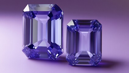 Two emerald-cut tanzanite gemstones on purple background.