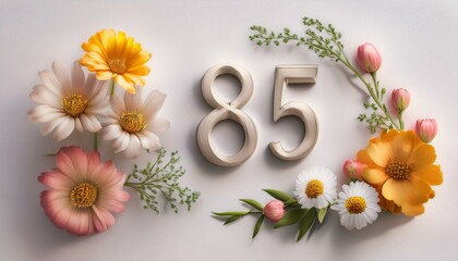 Number 85 with flowers on light backdrop, copy space. Generated image
