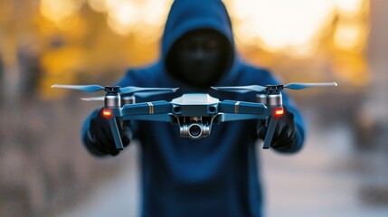 Dark Hooded Figure Holding Drone in Outdoor Urban Environment