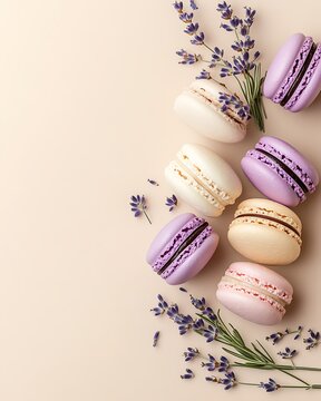 A set of macarons in soft pastel colors with lavender sprigs on top, arranged on a neutral beige background, with an empty corner for text.