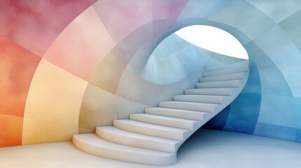 A conceptual staircase spiraling into infinity, surrounded by abstract shapes and colors, symbolizing the never-ending pursuit of ambition