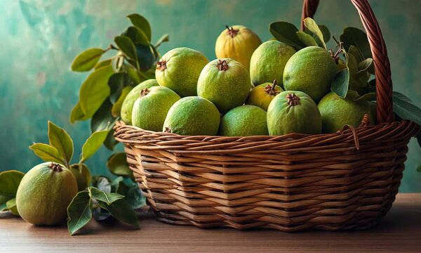 Fresh guava fruits in a wicker basket 