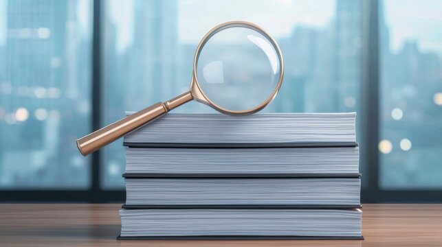 A detailed shot of a legal brief stacked on a desk, with a magnifying glass hovering over key paragraphs