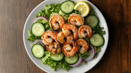 Grilled shrimp salad with cucumber, lettuce, and red onion. (1)