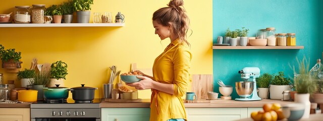 Bright and cheerful kitchen scene featuring a woman enjoying a moment of cooking amidst colorful walls and vibrant decor