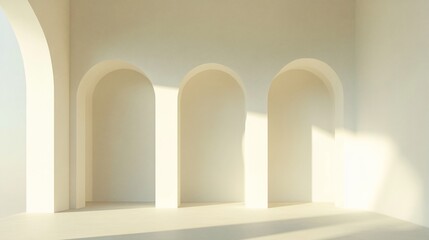 Minimalist interior with three arched niches and sunlight.