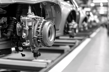 Fototapeta premium Close-Up View of Engine Component Inside Automotive Manufacturing Facility