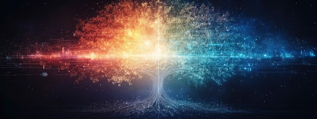 Fototapeta premium A vibrant, digitally enhanced tree illustration representing the harmony between nature and technology in a cosmic space setting