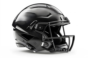 Black American football helmet on white background with light and shadow. Perfect for themes related to sport football culture. Helmet features glossy finish, bold team colors, and sturdy faceguard. 