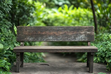Naklejka premium Rustic wooden bench in a garden with a blurred background of greenery 