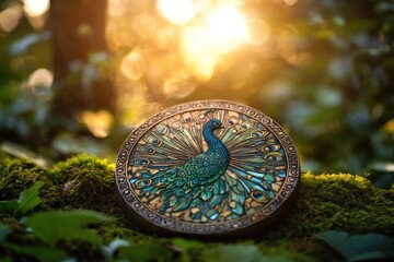 A circular art piece depicting a peacock in a mosaic style, resting on mossy ground, bathed in sunlight.
