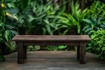 Fototapeta premium Rustic wooden bench in a garden with a blurred background of greenery 