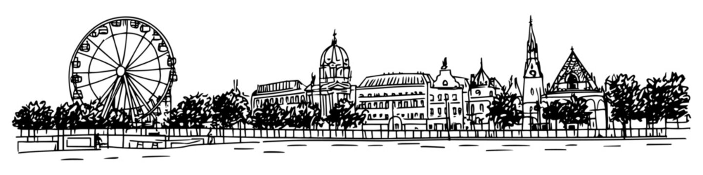 city skyline with ferris wheel, historic buildings, and trees, black vector sketch illustration