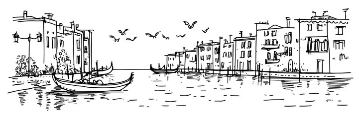 venetian canal with gondolas and historic buildings, black vector illustration