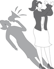 Businesswoman shadow yelling to himself with megaphone concept illustration, negative critic thinking to blame your self, depressed businesswoman self shadow blame with megaphone