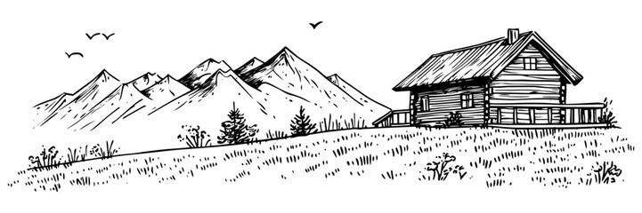 mountain cabin with scenic peaks and open field, black vector sketch illustration