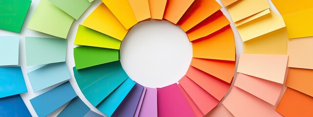Fototapeta premium Colorful array of paint swatches arranged in a circular pattern showcasing a vibrant spectrum for creative inspiration