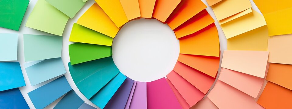 Colorful array of paint swatches arranged in a circular pattern showcasing a vibrant spectrum for creative inspiration