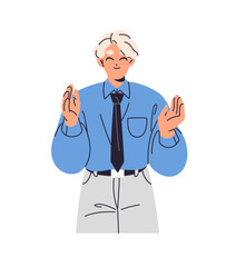 Cute boy applauding, clapping his hands, rejoices. Happy employee greeting, congratulates with success. Office worker supports, celebrates win with applause. Flat isolated vector illustration on white