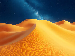 Starry night over golden sand dunes in a vast desert landscape.