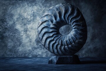 Dark, swirling stone sculpture with a central hole, resting on a dark base.