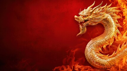 Glowing and vibrant Chinese dragon creature illuminating a dark fiery background in a digital style representing the power strength and mysticism of traditional oriental mythology and culture