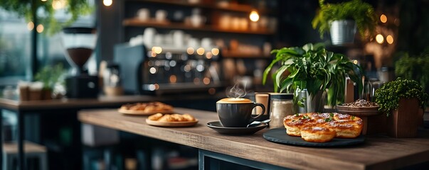 Fototapeta premium A modern cafe with blurred background of coffee machines and pastries