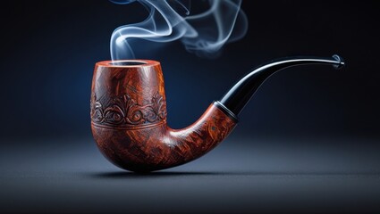 A majestic smoked tobacco pipe, intricately carved with ornate details, rests elegantly on a dark, gradient background that gradates from deep blues to blacks, evoking a sense of luxury and sophistica