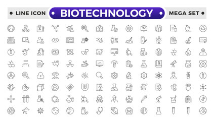 Set of outline icons related to biotechnology, biochemistry, farming, science. Lab and science line icon set. Laboratory equipment icons. Flask, microscope, syringe, pipette, petri dish.