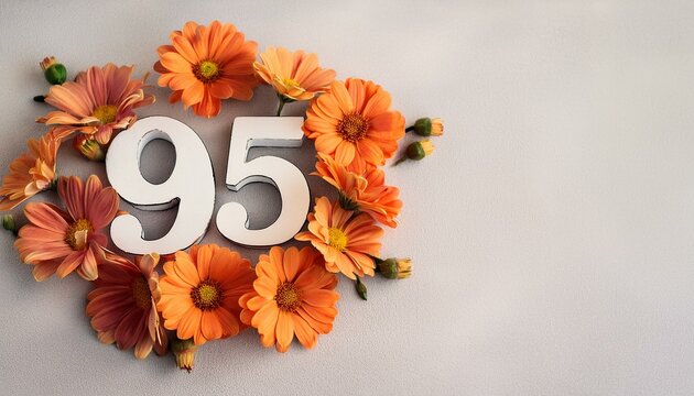 Number 95 with flowers on light backdrop, copy space. Generated image