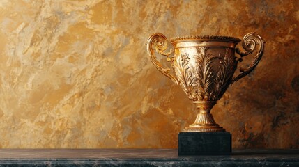 Golden trophy on wooden shelf with elegant golden background