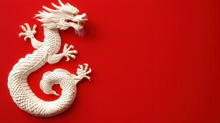 Fototapeta premium Stylized and Captivating Chinese Dragon with Intricate Diamond Patterned Scales and Vibrant Red and White Color Palette