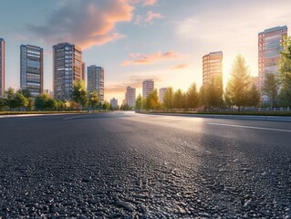 Panoramic city skyline and buildings with empty asphalt road at sunset.