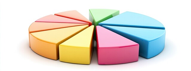 Obraz premium Colorful 3D pie chart segments arranged in a circular pattern, showcasing varied data representation and analysis.
